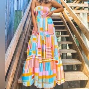 Abel The Label Tiered Patchwork Maxi Dress Multicolor Smocked Boho Rayon Size L